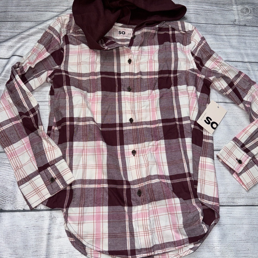 SO Girls Size 8 Hooded Flannel Shirt NEW Maroon Cream Pink